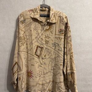 vintage blouse Ellen Tracy map print 100%silk shoulder pad 80s SZ12 pirate map